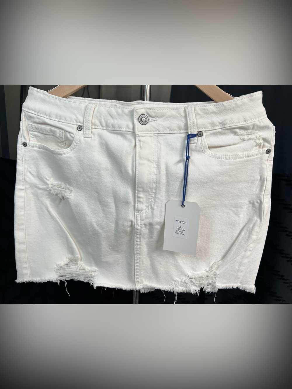 NWT Eunina Stretch Distressed Denim Mini Skirt - White Large